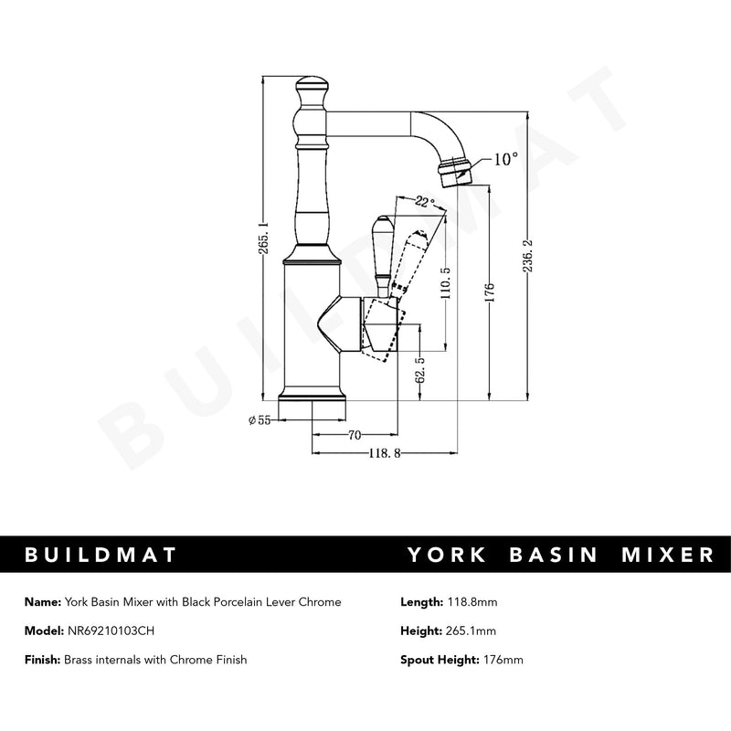 York Basin Mixer with Black Porcelain Lever Chrome