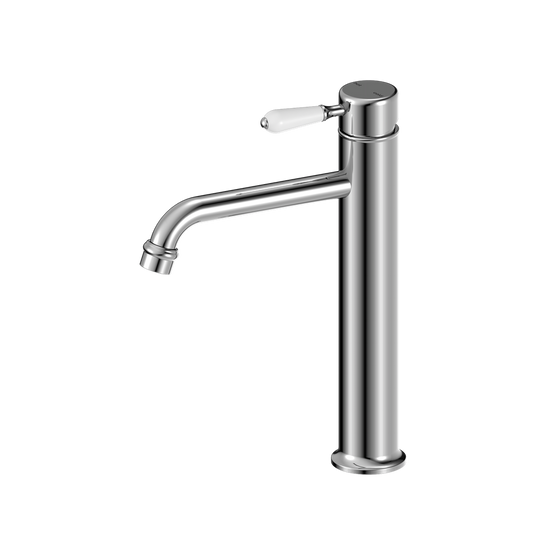 Nero York Straight Tall Basin Mixer With White Porcelain Lever Chrome