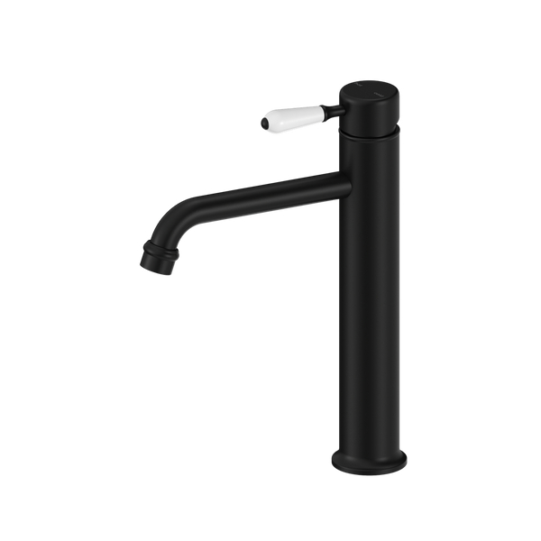 Nero York Straight Tall Basin Mixer With White Porcelain Lever Matte Black