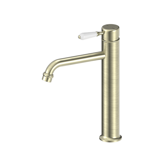 Nero York Straight Tall Basin Mixer With White Porcelain Lever Aged Brass