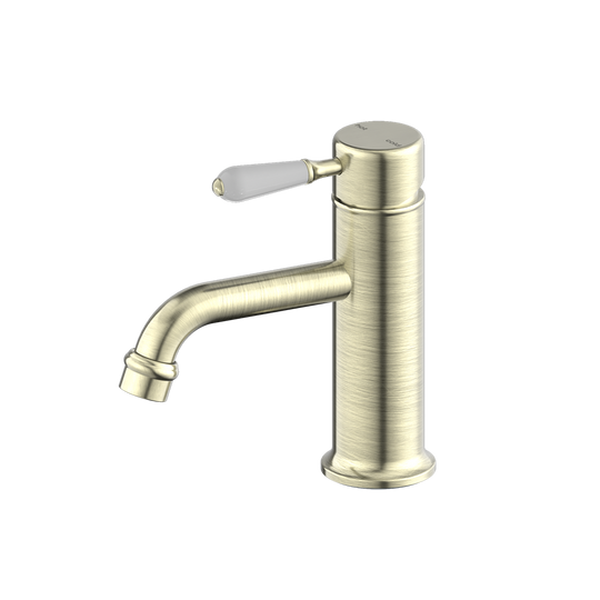 Nero York Straight Basin Mixer With White Porcelain Lever Aged Brass