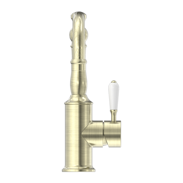 Nero York Basin Mixer Hook Spout with White Porcelain Lever Aged Brass