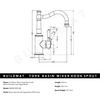 York Basin Mixer Hook Spout with White Porcelain Lever Aged Brass