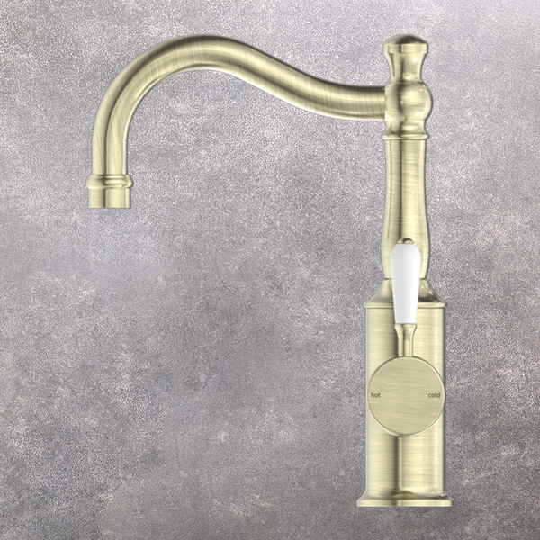 Nero York Basin Mixer Hook Spout with White Porcelain Lever Aged Brass