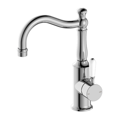 Nero York Basin Mixer Hook Spout with White Porcelain Lever Chrome