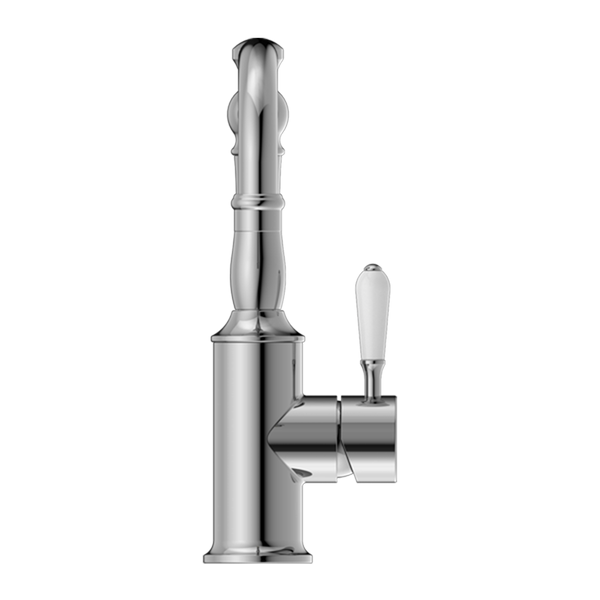 Nero York Basin Mixer Hook Spout with White Porcelain Lever Chrome