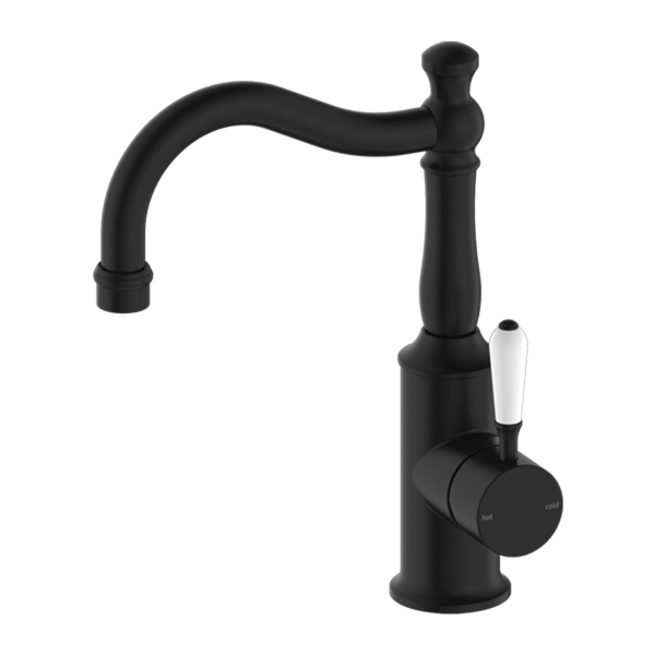 Nero York Basin Mixer Hook Spout with White Porcelain Lever Matte Black