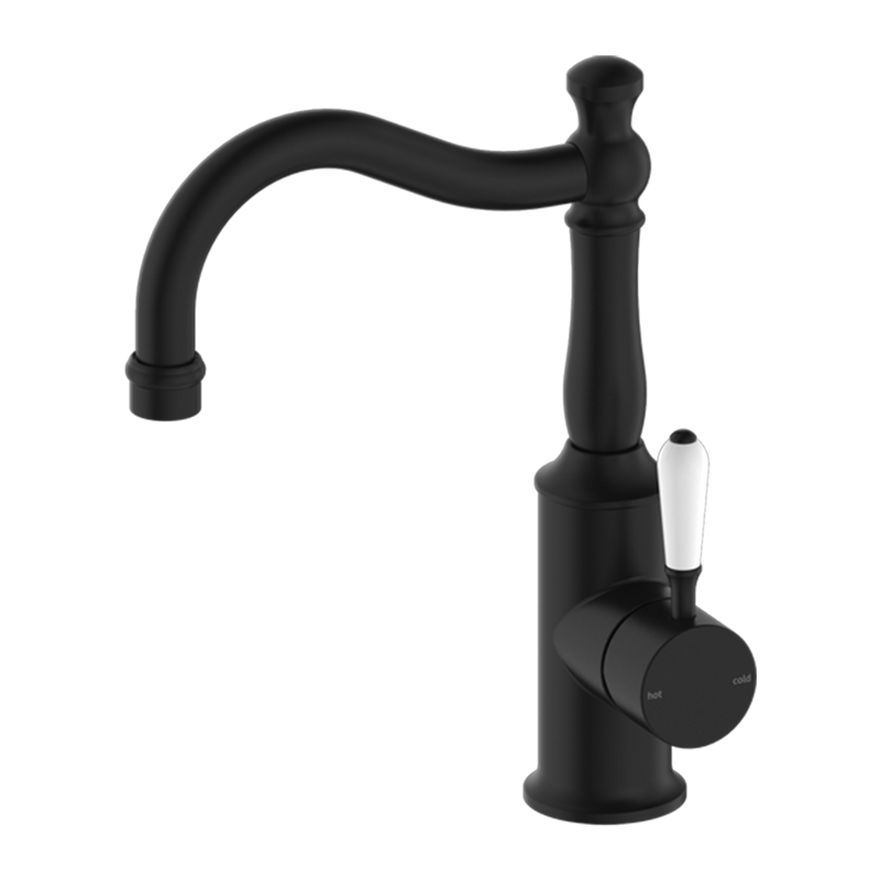 York Basin Mixer Hook Spout with White Porcelain Lever Matte Black