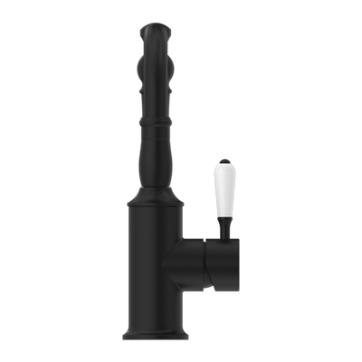 York Basin Mixer Hook Spout with White Porcelain Lever Matte Black