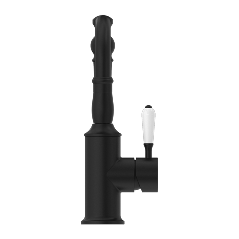 York Basin Mixer Hook Spout with White Porcelain Lever Matte Black