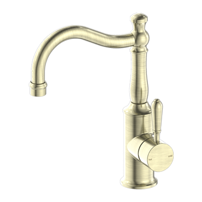 Nero York Basin Mixer Hook Spout with Metal Lever Aged Brass