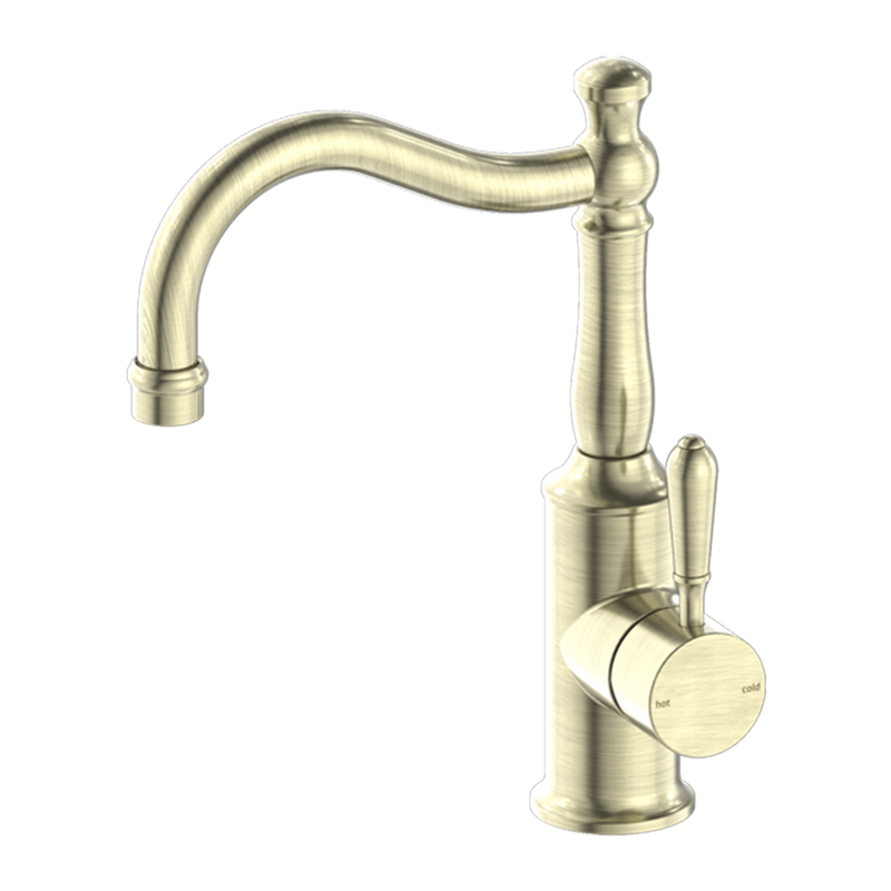 York Basin Mixer Hook Spout with Metal Lever Aged Brass