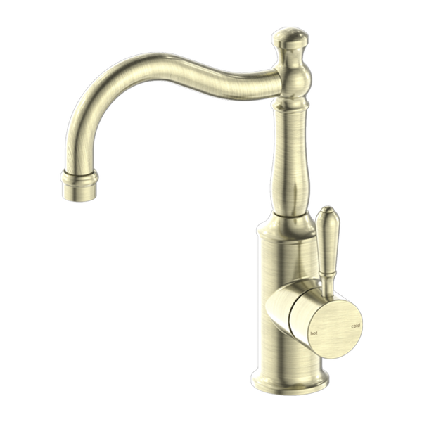 Nero York Basin Mixer Hook Spout with Metal Lever Aged Brass