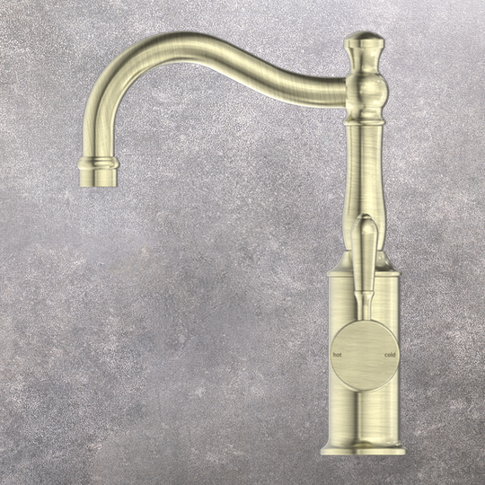 Nero York Basin Mixer Hook Spout with Metal Lever Aged Brass