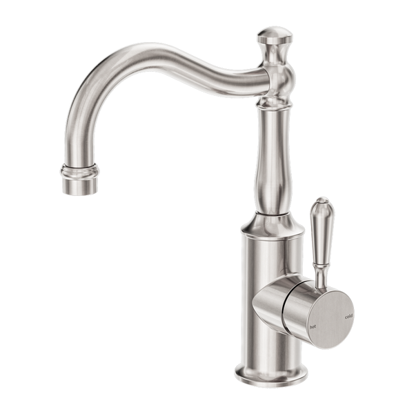 Nero York Basin Mixer Hook Spout With Metal Lever Brushed Nickel