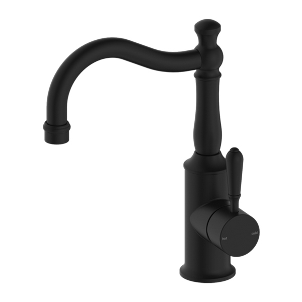 Nero York Basin Mixer Hook Spout with Metal Lever Matte Black