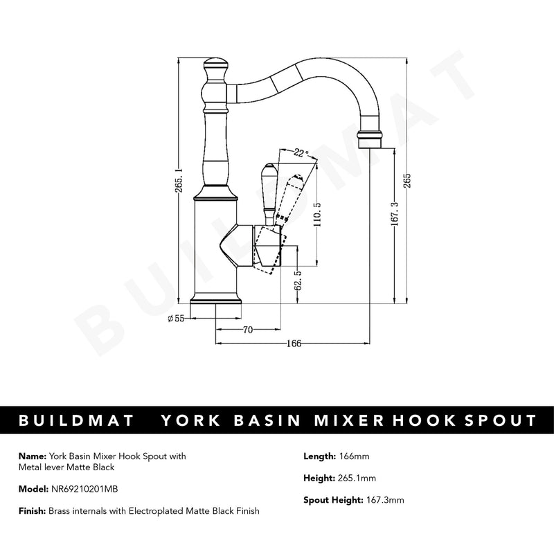 York Basin Mixer Hook Spout with Metal Lever Matte Black