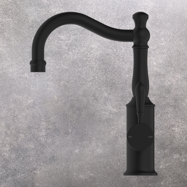 Nero York Basin Mixer Hook Spout with Metal Lever Matte Black