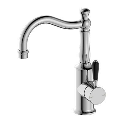 Nero York Basin Mixer Hook Spout with Black Porcelain Lever Chrome