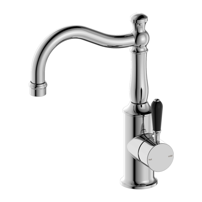 York Basin Mixer Hook Spout with Black Porcelain Lever Chrome