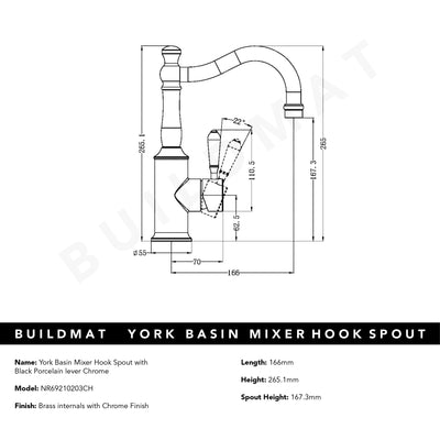 York Basin Mixer Hook Spout with Black Porcelain Lever Chrome