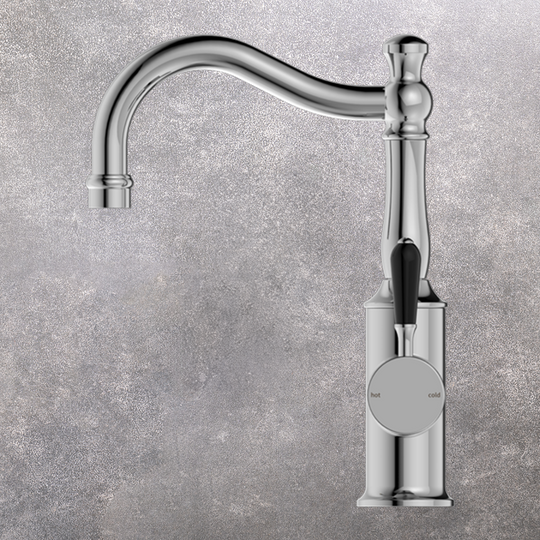 Nero York Basin Mixer Hook Spout with Black Porcelain Lever Chrome