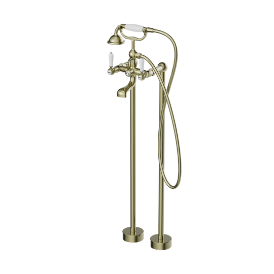 Nero York Freestanding Bath Mixer With White Porcelain Hand Shower Aged Brass