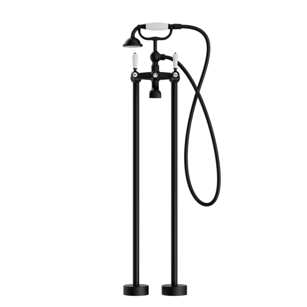 Nero York Freestanding Bath Mixer With White Porcelain Hand Shower Matte Black