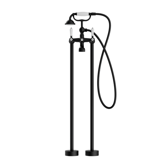 Nero York Freestanding Bath Mixer With White Porcelain Hand Shower Matte Black