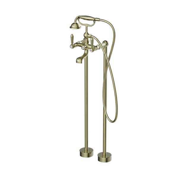 Nero York Freestanding Bath Mixer With Metal Hand Shower Aged Brass