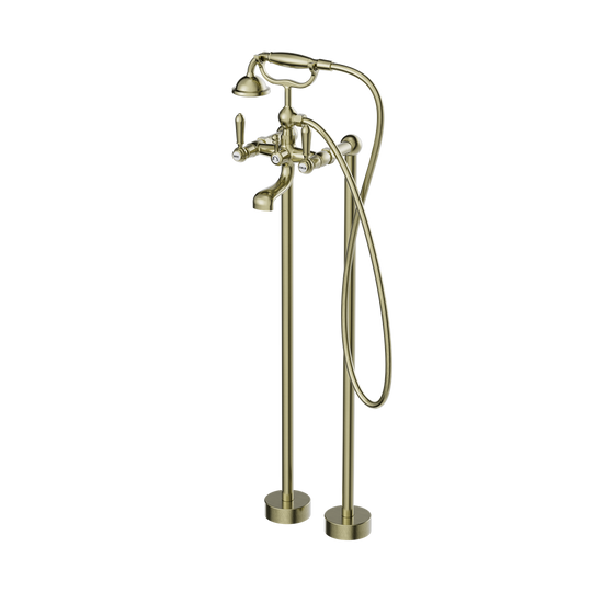 Nero York Freestanding Bath Mixer With Metal Hand Shower Aged Brass