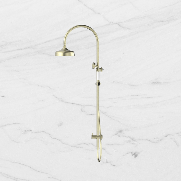 Nero York Twin Shower with White Porcelain Hand Shower Aged Brass