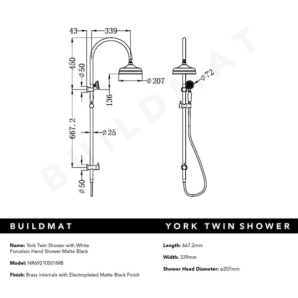 Nero York Twin Shower with White Porcelain Hand Shower Matte Black