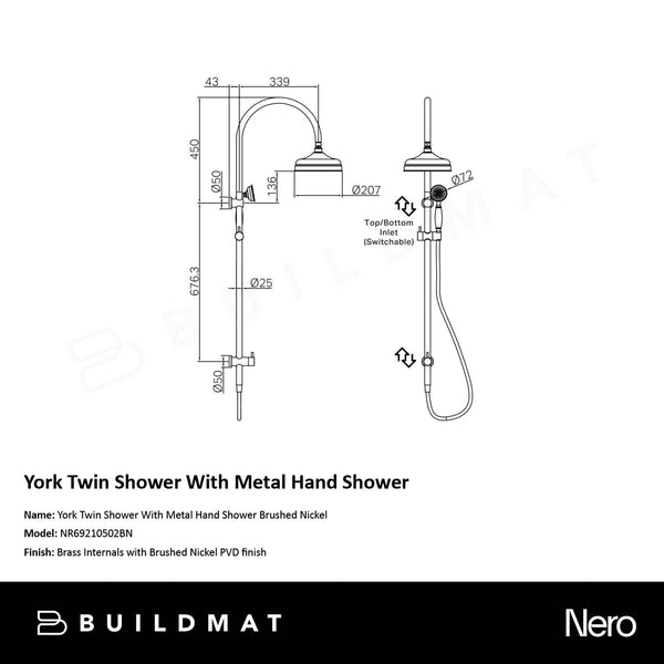 Nero York Twin Shower with Metal Hand Shower Brushed Nickel