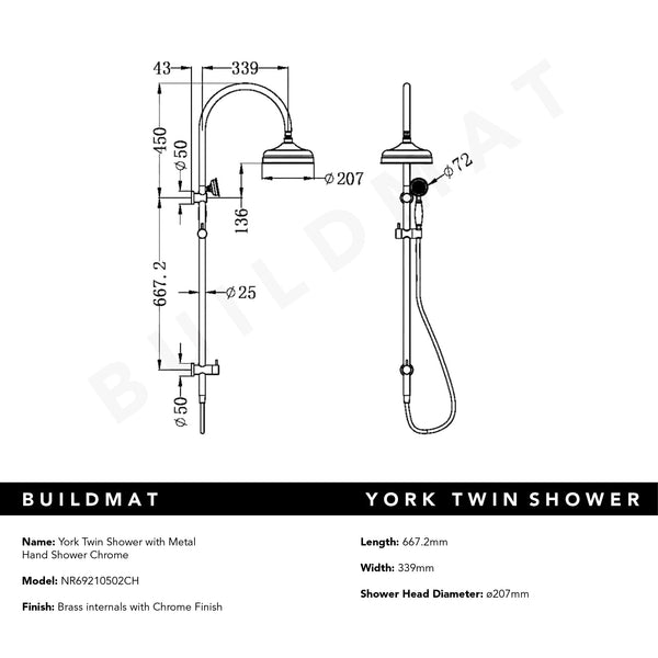 Nero York Twin Shower with Metal Hand Shower Chrome