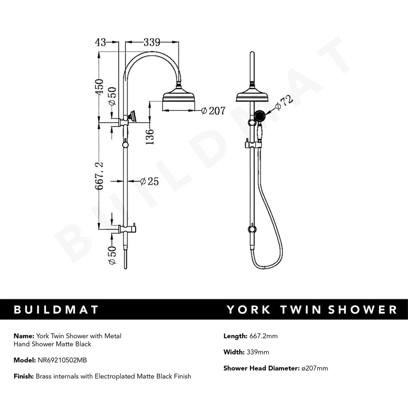 York Twin Shower with Metal Hand Shower Matte Black