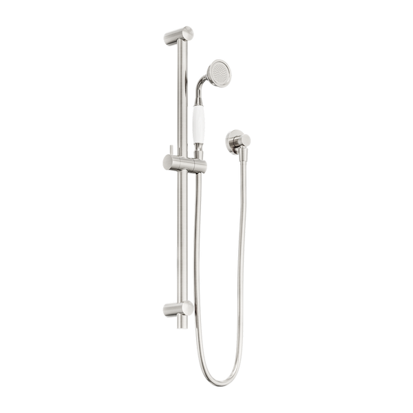 Nero York Shower Rail With White Porcelain Hand Shower Brushed Nickel