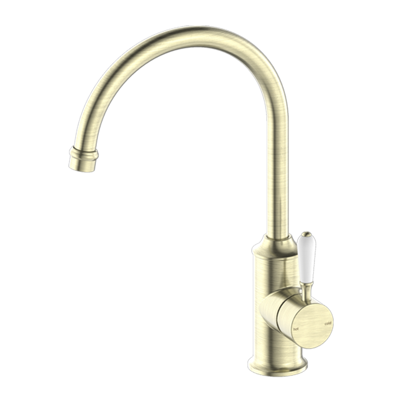 York Kitchen Mixer Gooseneck Spout with White Porcelain Lever Aged Brass