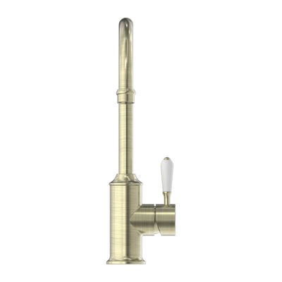 York Kitchen Mixer Gooseneck Spout with White Porcelain Lever Aged Brass