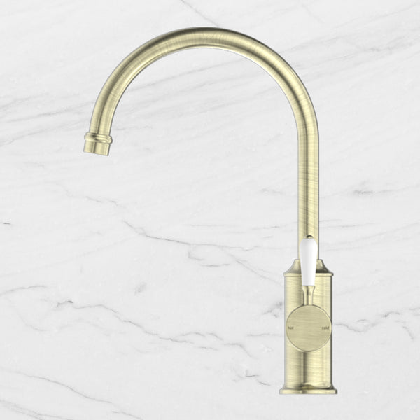 Nero York Kitchen Mixer Gooseneck Spout with White Porcelain Lever Aged Brass
