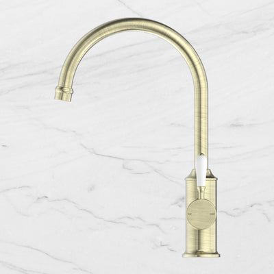 York Kitchen Mixer Gooseneck Spout with White Porcelain Lever Aged Brass