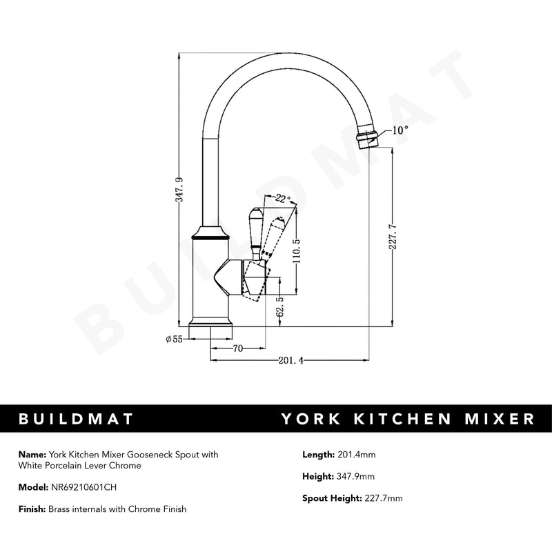 York Kitchen Mixer Gooseneck Spout with White Porcelain Lever Chrome