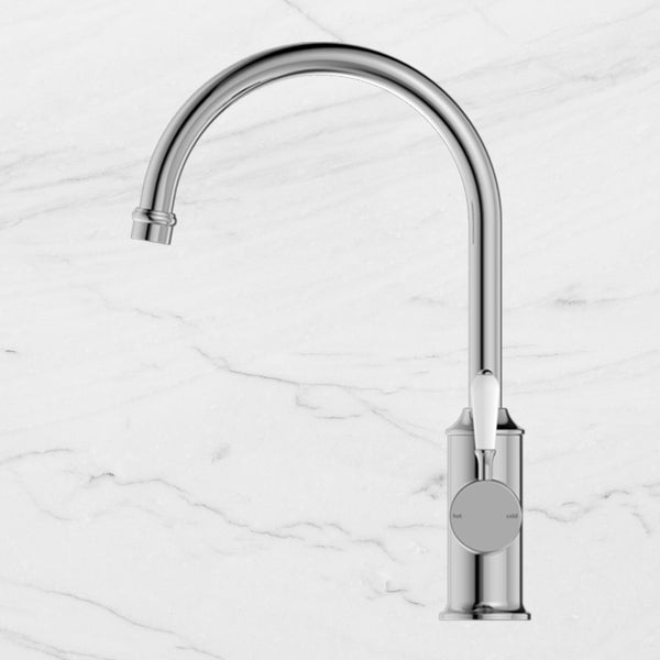 Nero York Kitchen Mixer Gooseneck Spout with White Porcelain Lever Chrome