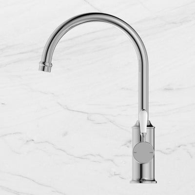 York Kitchen Mixer Gooseneck Spout with White Porcelain Lever Chrome