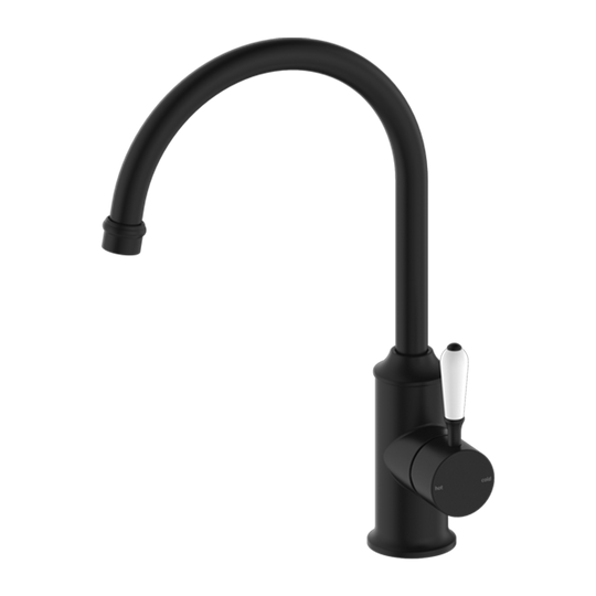 Nero York Kitchen Mixer Gooseneck Spout with White Porcelain Lever Matte Black