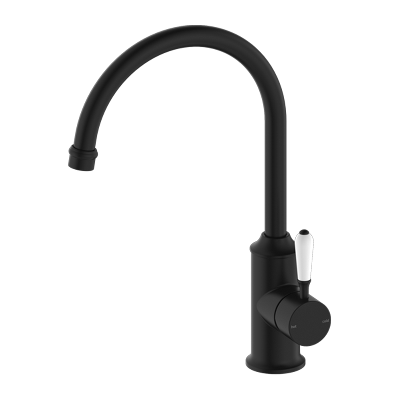 York Kitchen Mixer Gooseneck Spout with White Porcelain Lever Matte Black