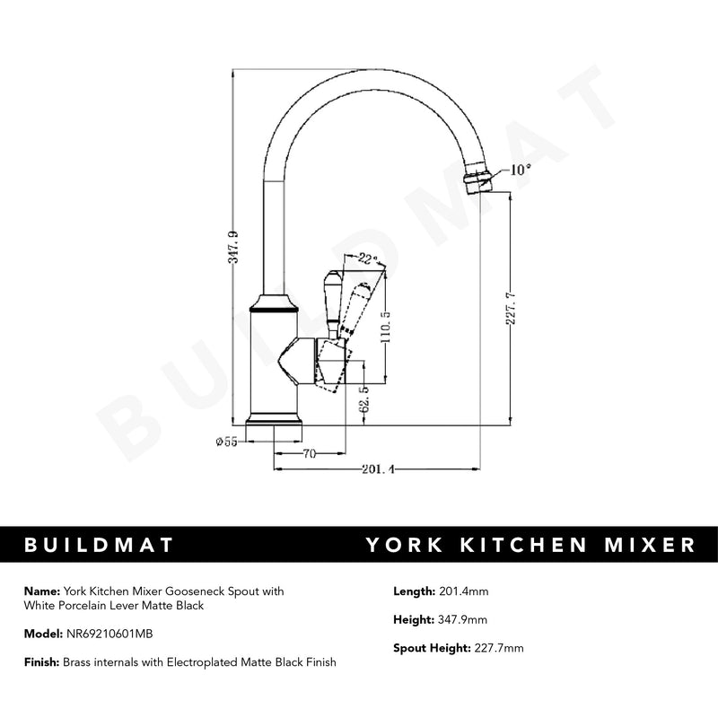 York Kitchen Mixer Gooseneck Spout with White Porcelain Lever Matte Black