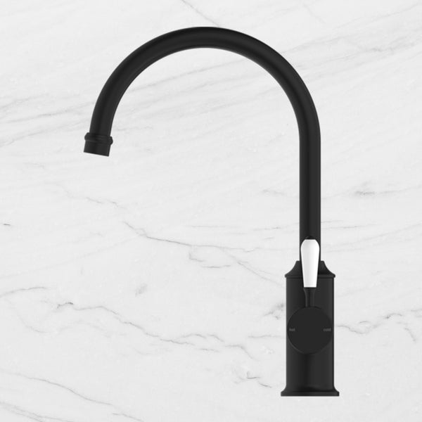 Nero York Kitchen Mixer Gooseneck Spout with White Porcelain Lever Matte Black