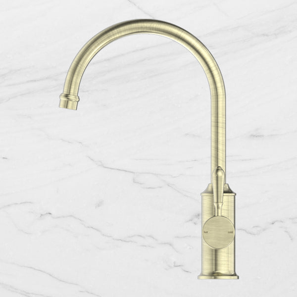 Nero York Kitchen Mixer Gooseneck Spout with Metal Lever Aged Brass