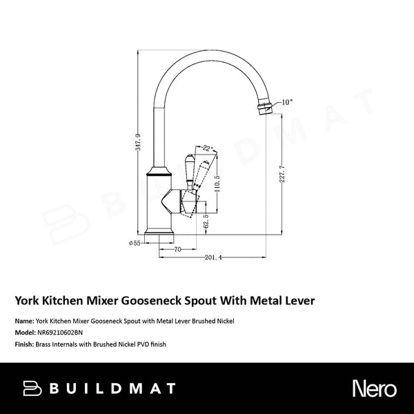 Nero York Kitchen Mixer Gooseneck Spout with Metal Lever Brushed Nickel